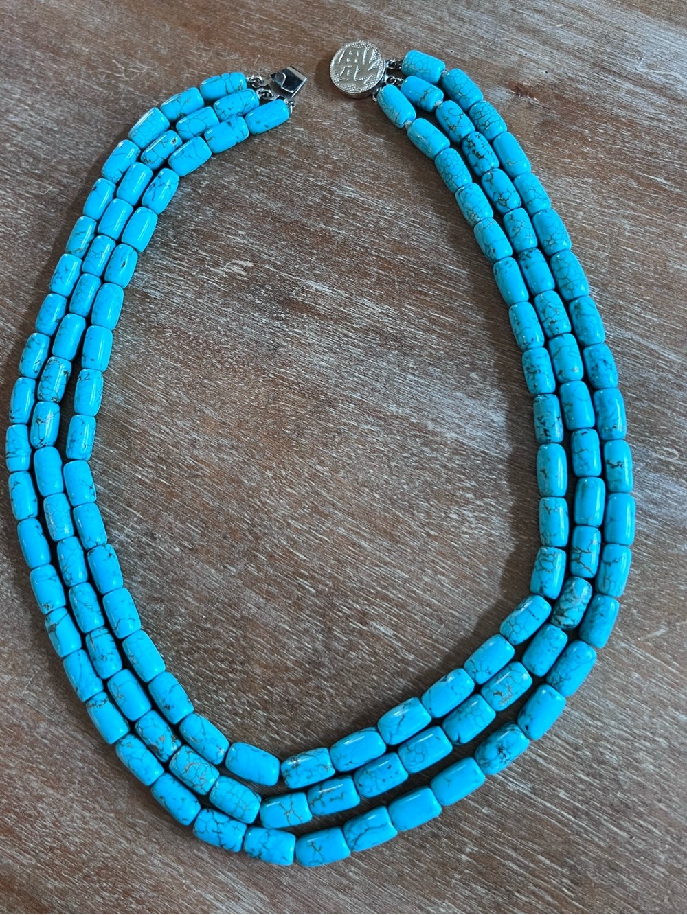 Turquoise and Silver Three Strand Necklace Heavy Variegated